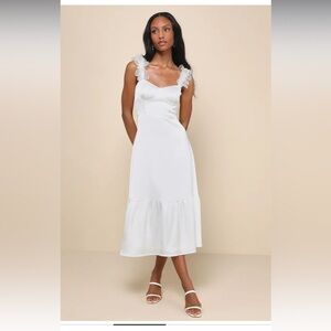 Lulus Divinely Charming White Satin Floral Applique Midi Dress